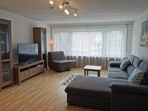 uma sala de estar com um sofá e uma televisão de ecrã plano em Ferienwohnung im Deggenhausertal em Deggenhausertal