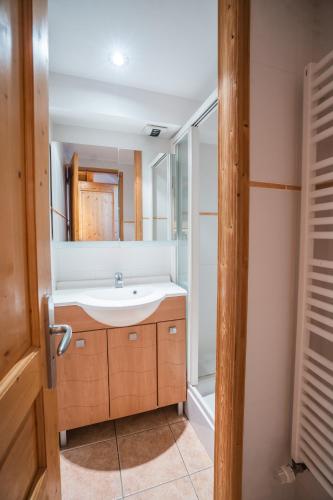 une salle de bain avec un lavabo et un miroir dans l'établissement cellier 8 appart 5 personnes les 2 alpes, à Les Deux Alpes