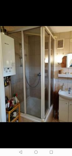 La salle de bains est pourvue d'une douche et d'un lavabo. dans l'établissement Pokój u Lucyny, à Gdańsk