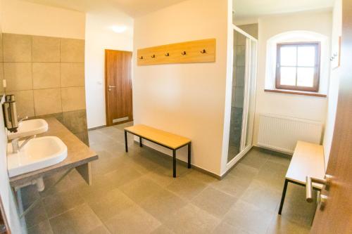 La salle de bains est pourvue d'un lavabo et de toilettes. dans l'établissement Hospoda na sýpce, à Kuks