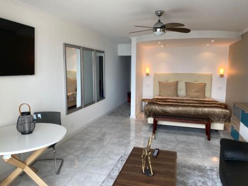 a bedroom with a bed and a table and a tv at Studio Apartment Ocean View in Portimão