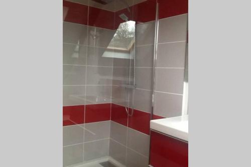 y baño con ducha de azulejos rojos y blancos. en Les Ecuries is a modern renovated barn, en Laniscat