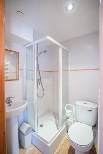 une salle de bains avec douche, toilettes et lavabo dans l'établissement cellier 6, à Les Deux Alpes