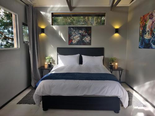 ein Schlafzimmer mit einem großen Bett und zwei Fenstern in der Unterkunft Karkloof Hideout in Howick