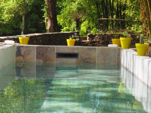 une piscine d'eau dans un jardin avec des pots jaunes dans l'établissement Moulin Bas, Prés de la Rivière, à Carnac-Rouffiac