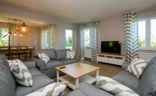 a living room with a couch and a tv at Grabina Mazury in Stare Juchy