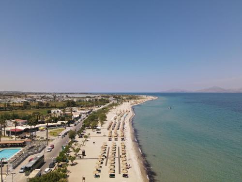 una vista aerea su una spiaggia e sull'oceano di Akti Dimis Hotel a Tigaki