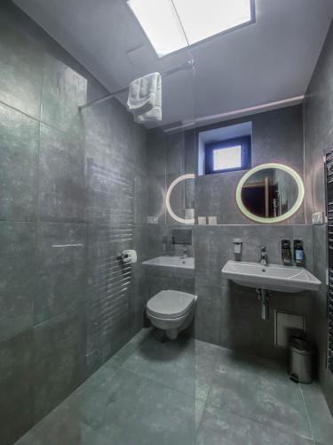 a bathroom with a toilet and a sink and a mirror at Apartmány Sport & Ski in Stará Turá