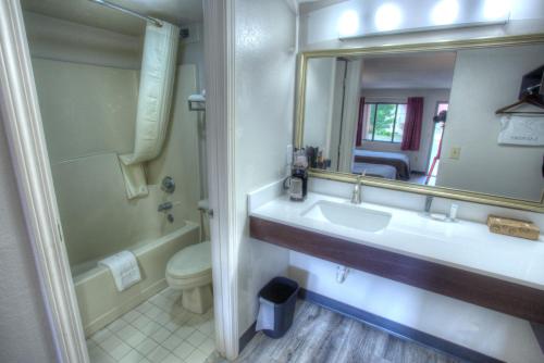 a bathroom with a sink and a toilet and a mirror at Econo Lodge Helen in Helen