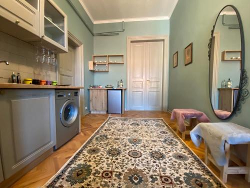 eine Waschküche mit einer Waschmaschine und einem Spiegel in der Unterkunft City Stay Timisoara in Timişoara