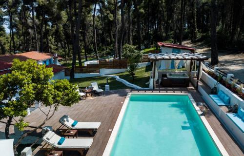an overhead view of a swimming pool with chairs and a house at Forest Sani Villa in Sani Beach