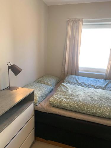 a bedroom with two beds and a window at Notodden Sentrum Apartment NO 4 in Notodden