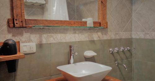 a bathroom with a white toilet and a mirror at Don Pepe Hotel y Cabañas in El Calafate