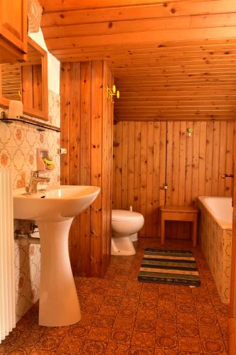 a bathroom with a sink and a toilet and a tub at Mansarda Caviola in Falcade