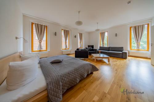 a bedroom with a bed and a living room at Restaurace a Pension Hřebíkárna in Chomutov
