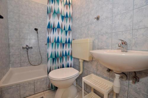 a bathroom with a toilet and a sink and a shower at Apartmani Martinovka in Drašnice
