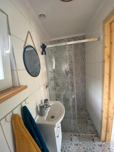 a bathroom with a sink and a shower at Domek na Górce 660 704 280 in Baligród