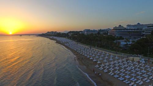a beach with chairs and umbrellas at sunset at Carpe Diem Boutique Hotel - Adults Only in Side