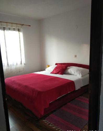 a bedroom with a large bed with a red blanket at Apartman Darko in Cesarica