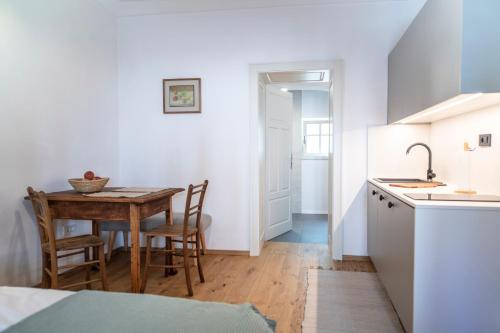 a kitchen with a table and chairs in a room at MEŽNARIJA Radovljica in Radovljica