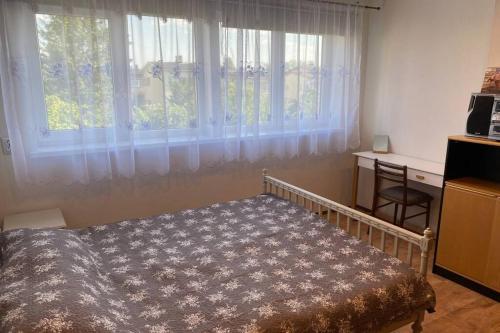 a bedroom with a bed in front of a window at Võru Villa, saun, grill, jalgrattad, ideaalne perepuhkus! in Võru