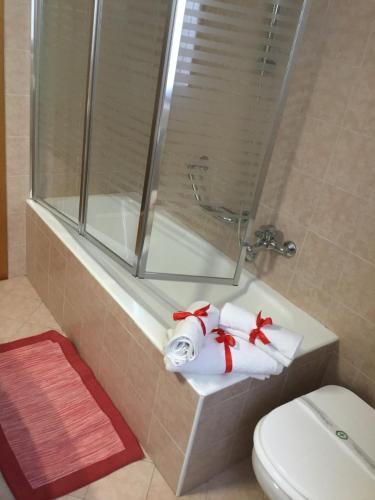 a bathroom with a shower and a toilet and towels at Home Iseo Lake in Bossico