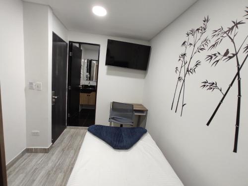 a bedroom with a bed and a chair and a tv at Hostel Boutique Nido de Loros in Medellín