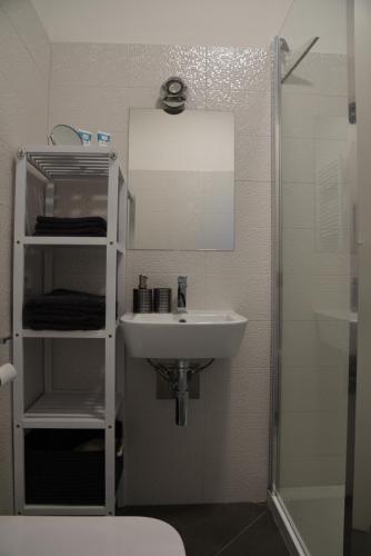y baño con lavabo, espejo y ducha. en Residence Il Piviere app 7 with private garden, en Calambrone