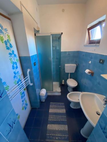 a blue bathroom with two toilets and a shower at Appartamenti NeMoZo Moretti in Ponzone