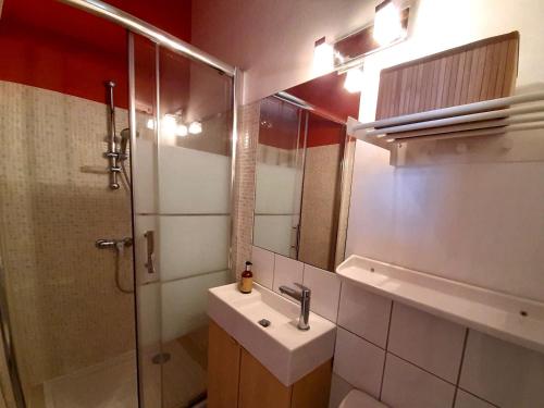 a bathroom with a sink and a shower with a mirror at En plein Coeur : charmant gite centre Amboise in Amboise