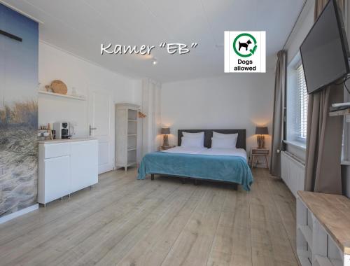 a bedroom with a bed and a tv in a room at Zilt Texel in De Cocksdorp