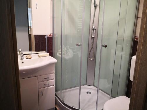a bathroom with a shower and a sink at OASIS APARTMAN II. in Szeged