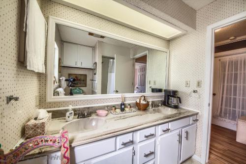 a bathroom with a sink and a large mirror at Binky's Nest in Fredericksburg