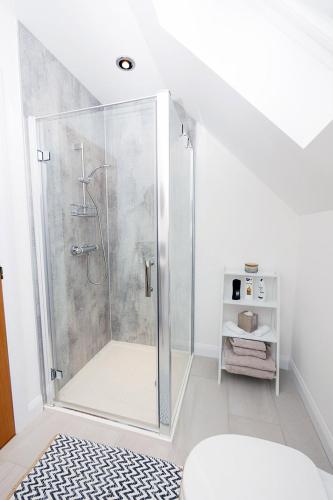 a bathroom with a shower with a glass shower stall at Pinewood Cottage Apartment & B&B Inverness in Inverness