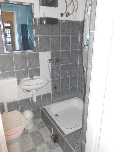 a bathroom with a sink and a shower and a toilet at Erika Apartman in Balatonberény
