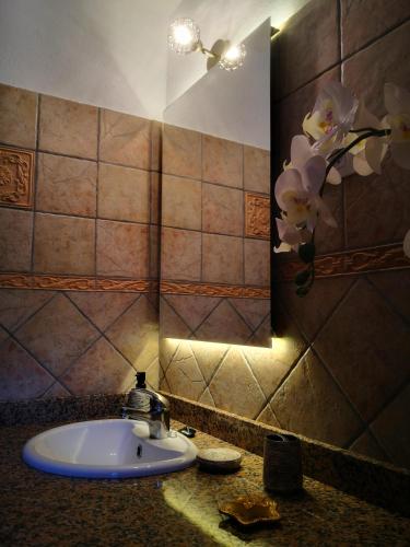 a bathroom with a sink and a mirror and flowers at Casa Micaela in Garafía