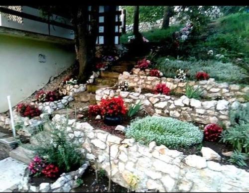 a stone garden with red flowers and plants at Vila Eva in Međuvršje