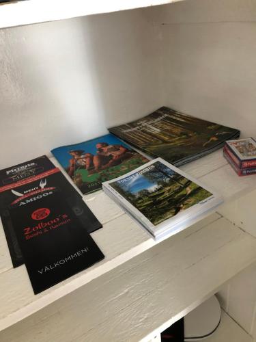 a table with books on top of a shelf at Trevlig stuga nära Hovfjället in Torsby