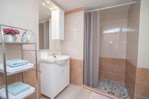 La salle de bains est pourvue d'un lavabo et d'une douche. dans l'établissement By Dinka, à Ilovik