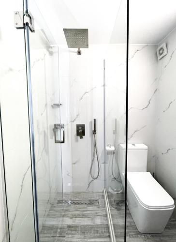 a bathroom with a shower and a toilet at Amalia Hotel in Berat