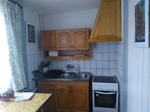 a kitchen with wooden cabinets and a sink and a stove at Pokoje gościnne u Eli in Świnoujście