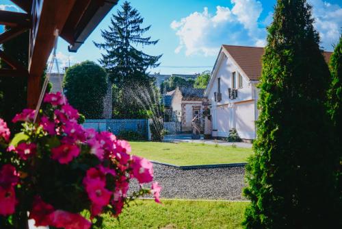 a view from the garden of a house with pink flowers at U Anity in Uzhhorod