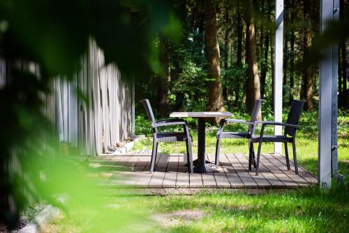 2 Stühle und ein Tisch im Gras in der Unterkunft Ferienparadies Mühlenbach in Soltau