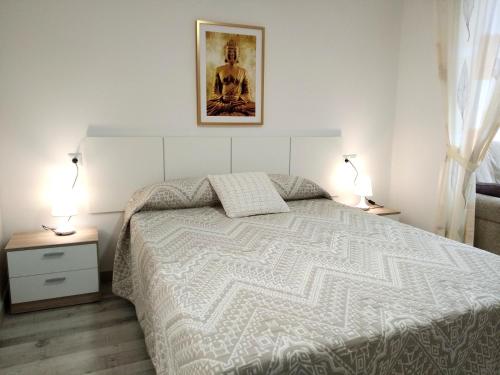 a bedroom with a white bed with two lamps at Apartaloft LA CELESTINA in Almagro