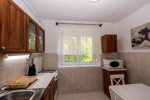 a kitchen with a sink and a microwave at Kis János Apartman in Sopron