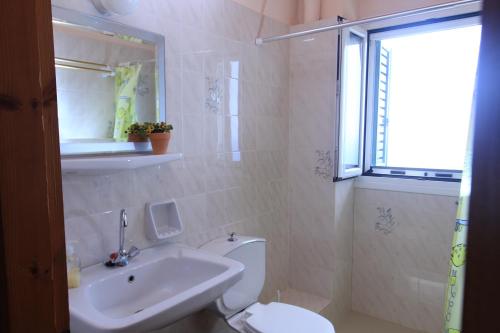 a bathroom with a white toilet and a sink at Heliovasilema (Sunset) Apartments and Studios in Fiskardo