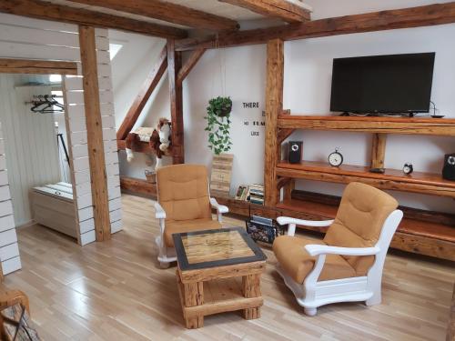 a living room with two chairs and a flat screen tv at Apartmán Sarah Noemi, 100 m SKIBUS JASNA in Liptovský Mikuláš