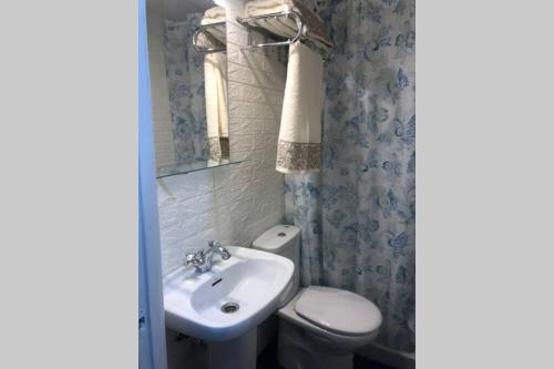 ein Badezimmer mit einem Waschbecken, einem WC und einem Spiegel in der Unterkunft Piso en el centro de Oviedo in Oviedo