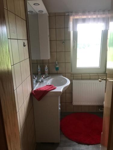 a bathroom with a sink and a red towel at Ferienwohnung am Hochrhöner 