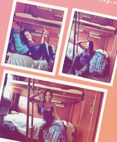 three pictures of three girls in bunk beds at Train Lodge Amsterdam in Amsterdam